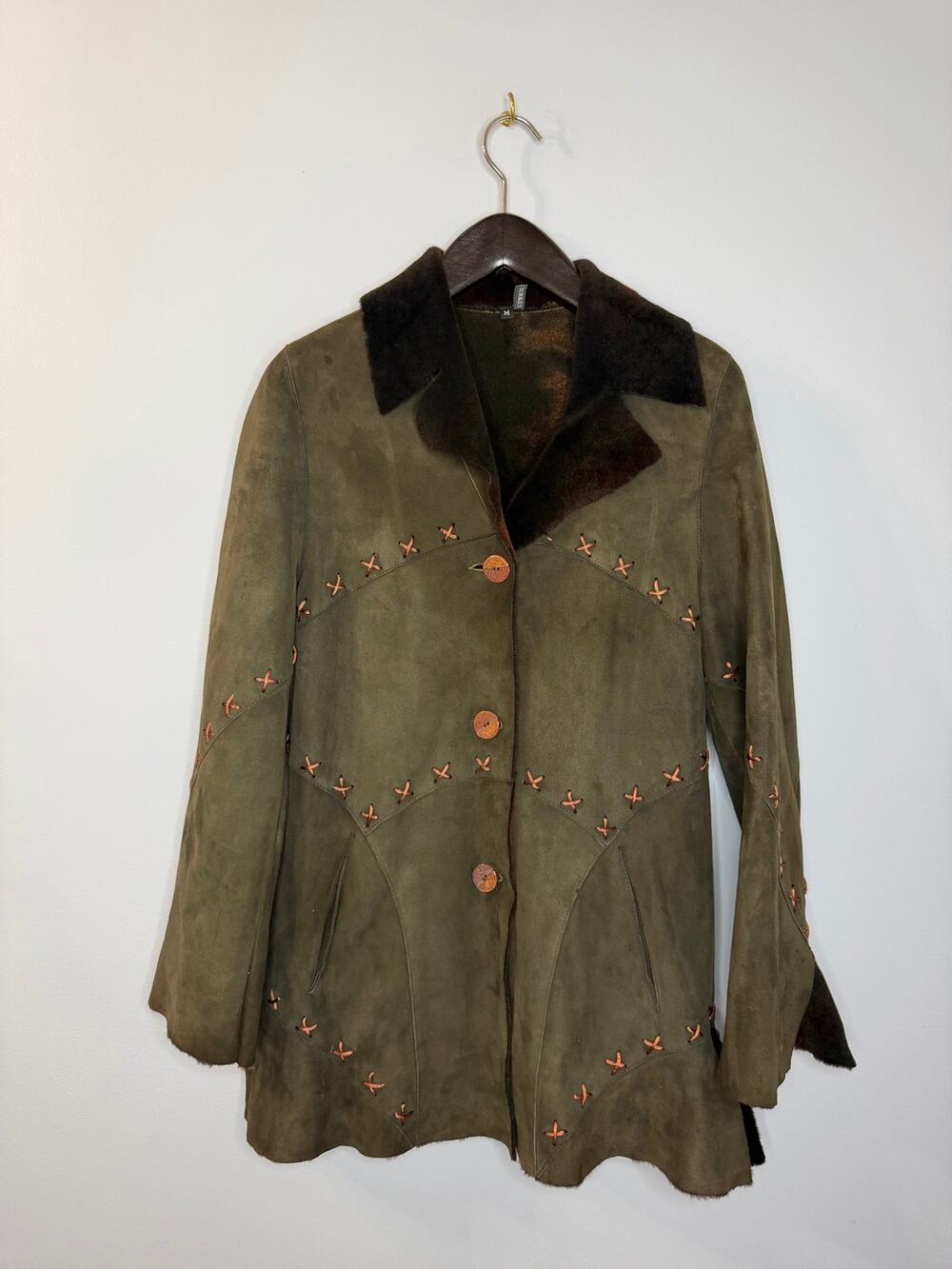 Vintage Western Suede Shearling Jacket Olive Cross-Stitch Women's M Boho